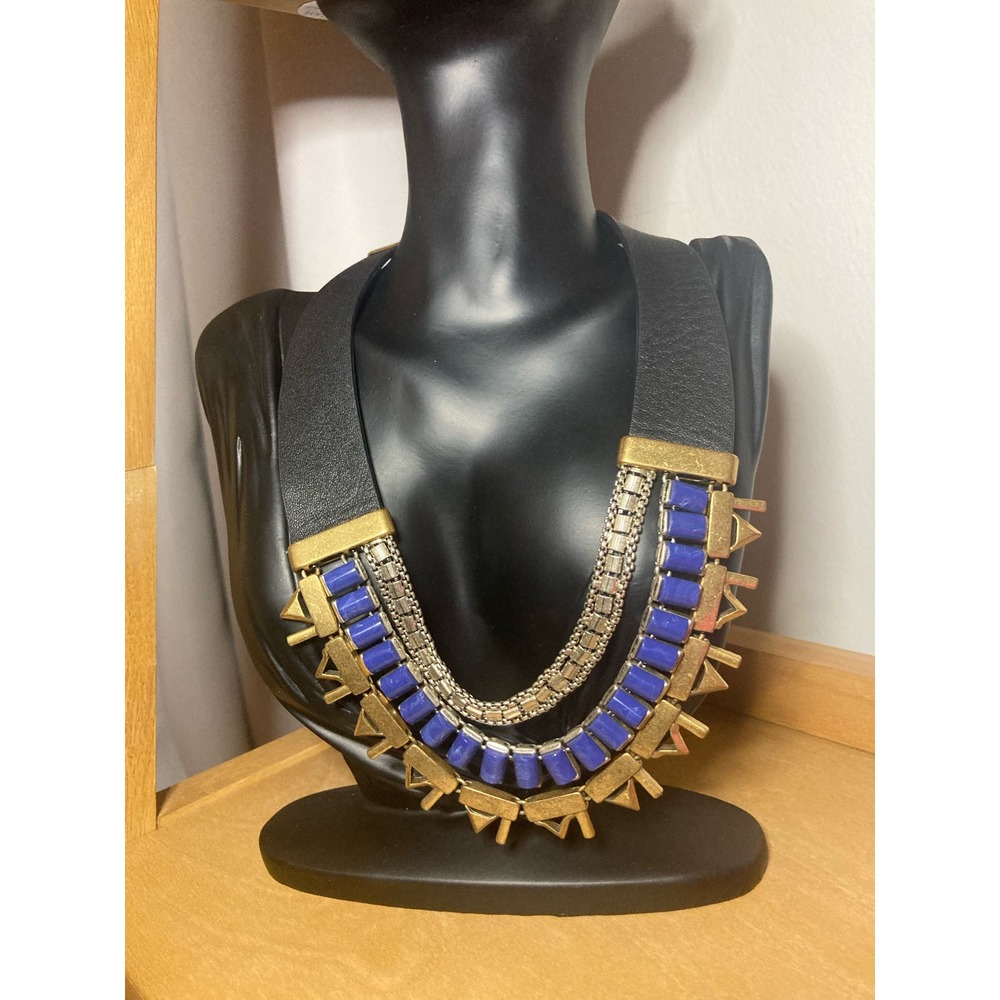 Stella & Dot Statement Necklace Natalie Reverse Bib Leather Gold Silver Blue